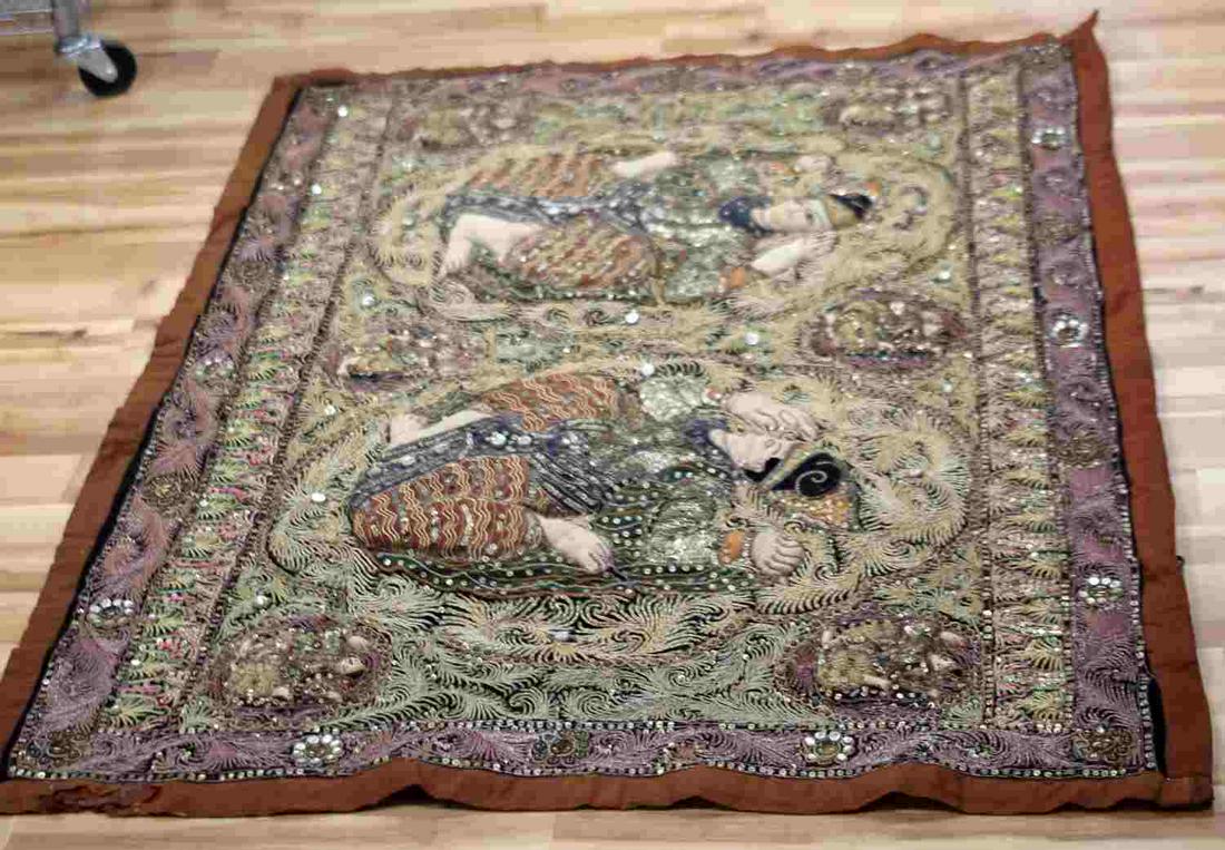 ANTIQUE BURMA INDIA KALGA EMBROIDERED WALL ART: Pre 1885, Mandalay, Burmese Kalaga. Wall hanging from Burma with dancers, sequins, and stone style inlays. This Kalaga shows two dancers, princesses from the court in Mandalay and 6 dance vignets at t