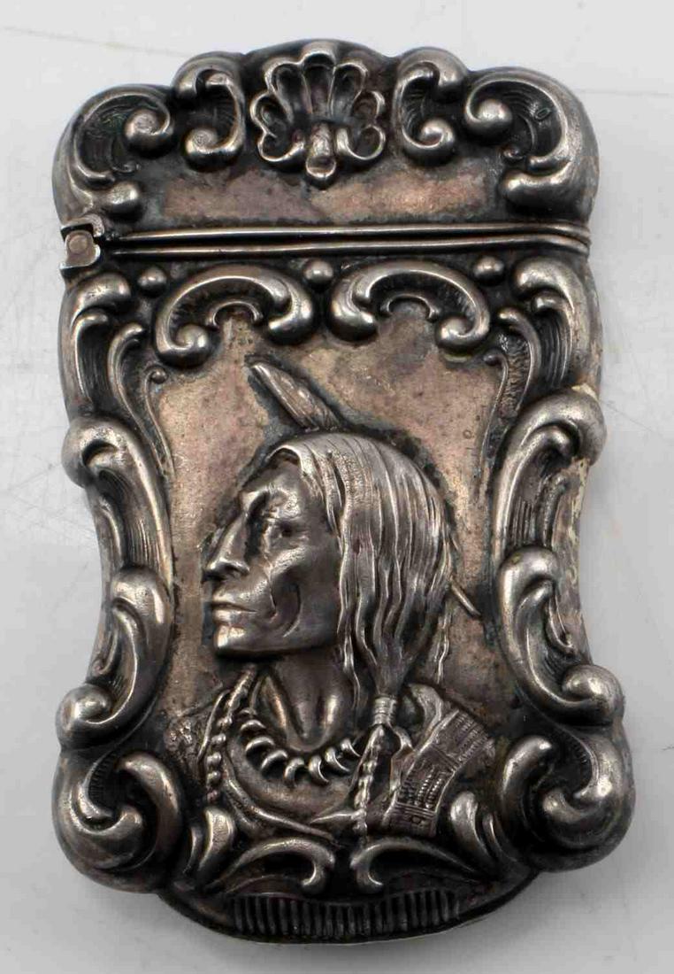 OLD PAWN NATIVE AMERICAN VESTA MATCH SAFE: Detailed silversmith work. Heavy patina. stamped sterling.. Size: RM