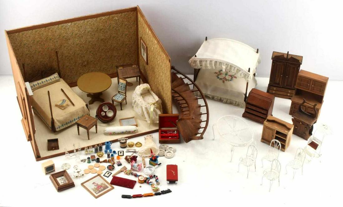 DIORAMA BEDROOM TURN OF CENTURY WOODEN FURNISHINGS: Wooden diorama depicting turn of century bedroom with furnishings and accessories including: canopy bed, baby in bassinet, sideboards, armoires, spiral staircase, pictures in frames, miniature canned 