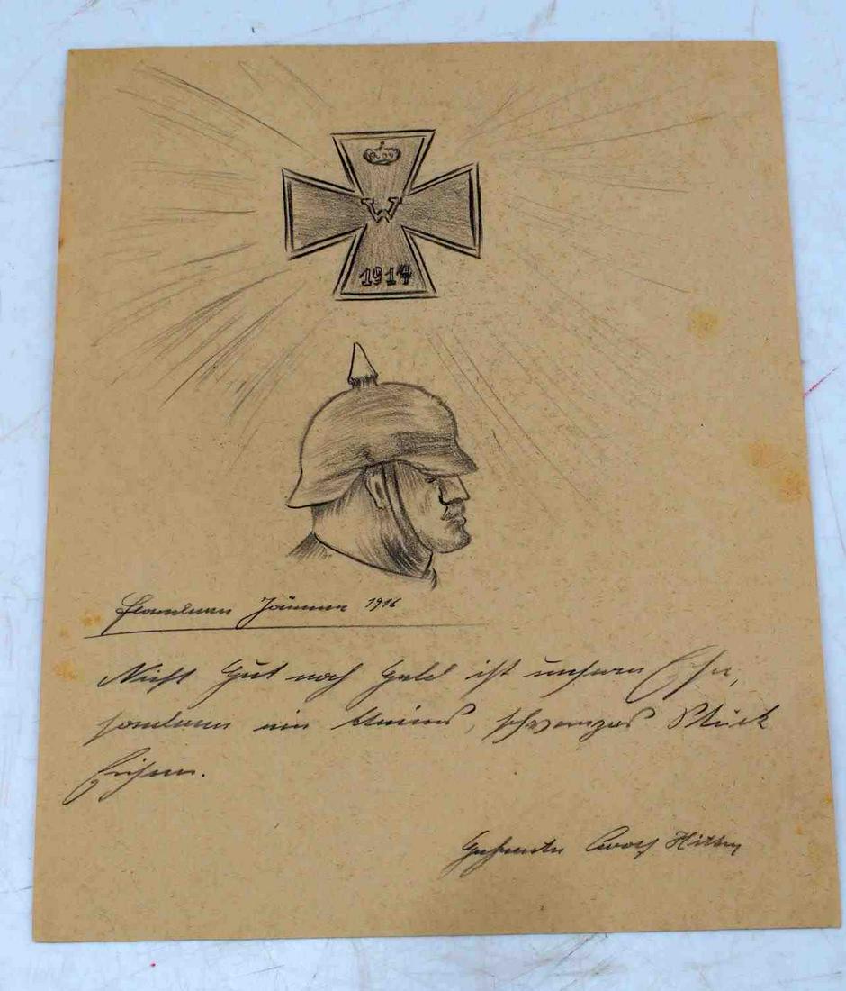 1916 ADOLF HITLER SIGNED DRAWING OF IRON CROSS: Pencil sketch of soldier in Bavarian Army uniform and World War I Iron Cross, 2nd Class dated 1914. During WWI Hitler served in the Bavarian Reserve Infantry Regiment 16, after the first battle of Ypr