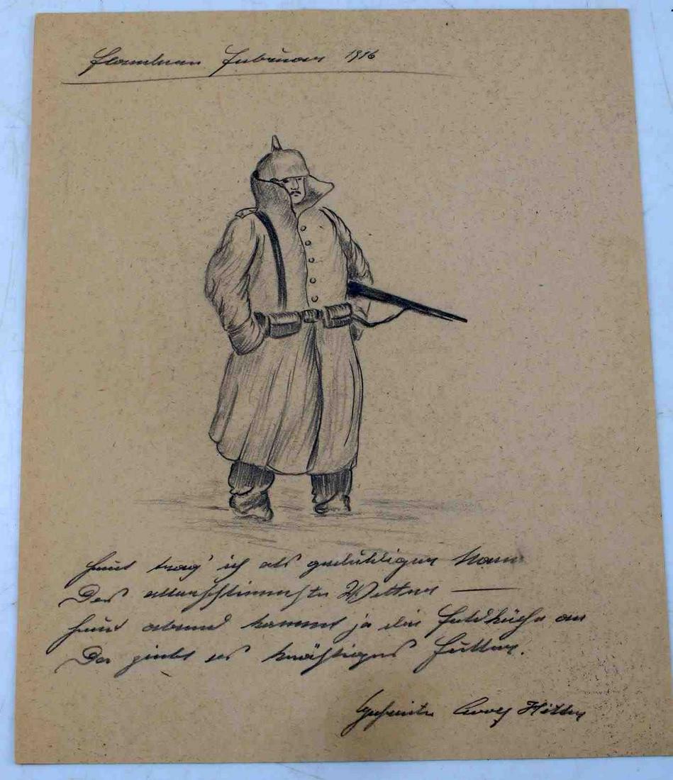 WWI ERA 1916 ADOLF HITLER ORIGINAL PENCIL SKETCH: Rendition of WWI Bavarian soldier with gun, signed, WWI era Adolf Hitler pencil sketch. Dated 1916 signed Gefreiter Adolf Hitler, Hitler's rank in 1916 while serving in the Bavarian Reserve Infantry R