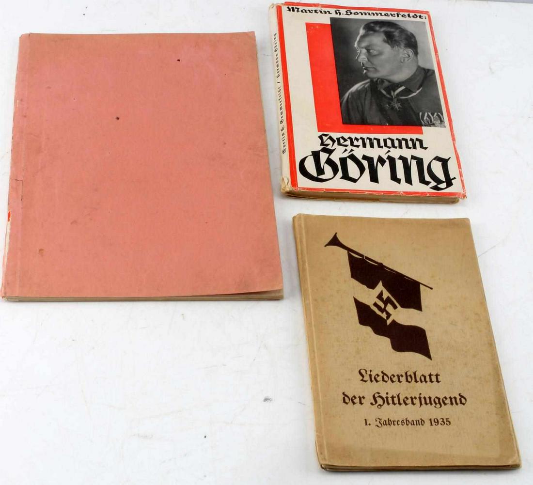 b WWII GERMAN 3RD REICH THREE BLITZKRIEG BOOKS LOT: WWII German Lot of Three Blitzkrieg Books. The one bound in pink is a photo album by Heinrich Hoffman. On the inside front cover, at the top, read the words "HITLER IN SEINER HEIMAT." This translates