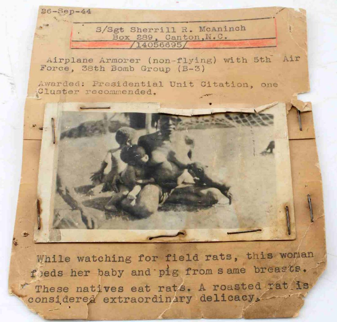 WWII ISLAND HOPPING CAMPAIGN NATIVE WOMAN PHOTO: WWII Island Hopping Campaign Souvenir field photo of Native Woman. Photo is stapled to index cards with typed date, address, and caption. Some discoloration on the paper, otherwise in very good condit