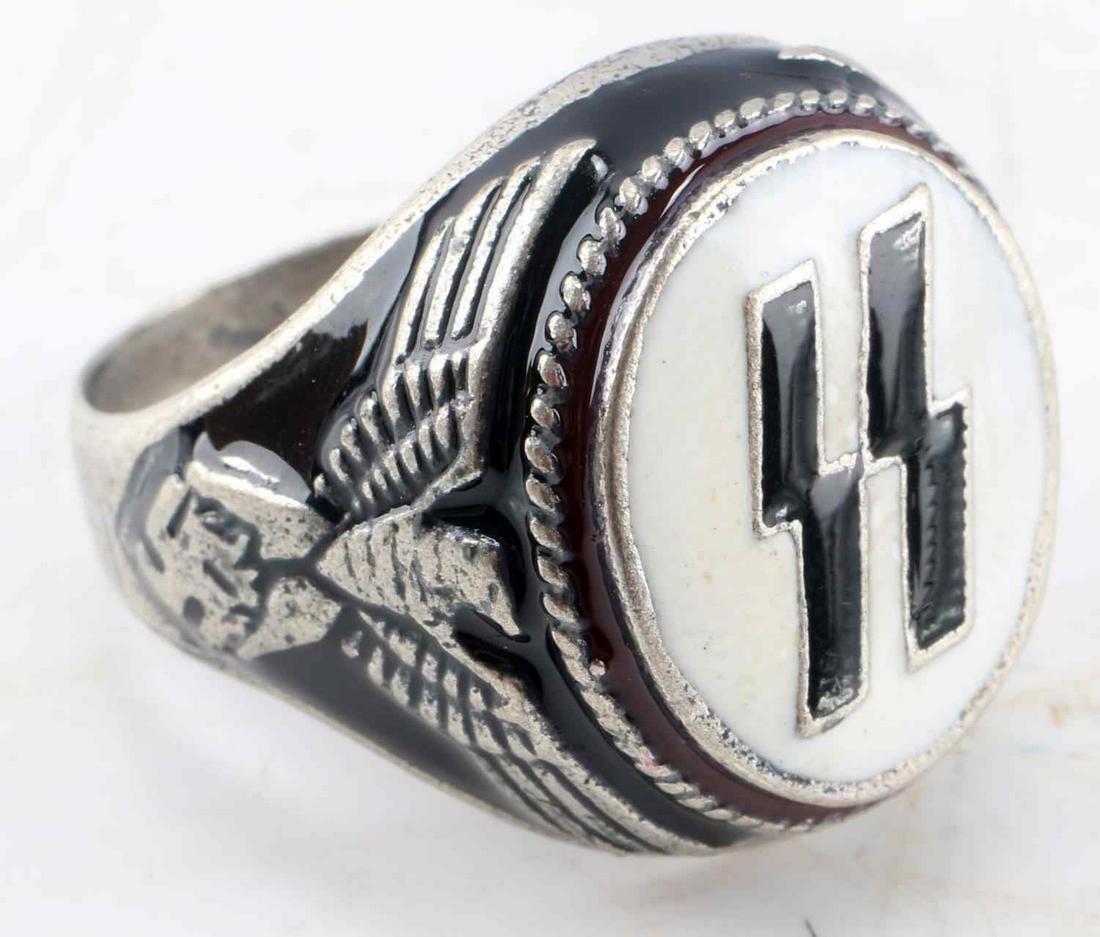 WWII THIRD REICH GERMAN WAFFEN SS SILVER RING: Silver ring with enamel. SS runes at front center, Reichsadler at each side, size 11. 800 marked to exterior. Unauthenticated, sold as is. This lot has a reserve.