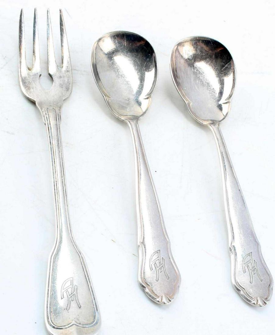 WWII GERMAN THIRD REICH ADOLF HITLER SILVERWARE: All have Wellner makers mark, stylized block "AH" monogram,2 sugar or tea spoons and fruit fork. Unauthenticated sold as is.