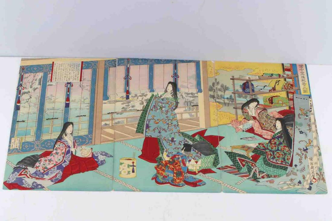 UKIYO-E 19TH CENTURY JAPANESE WOODBLOCK TRIPTYCH: Ukiyo-e Japanese Meiji period, 19th century, triptych wood block print art on heavy paper. In good condition measuring 91/4 by 14 inches each.