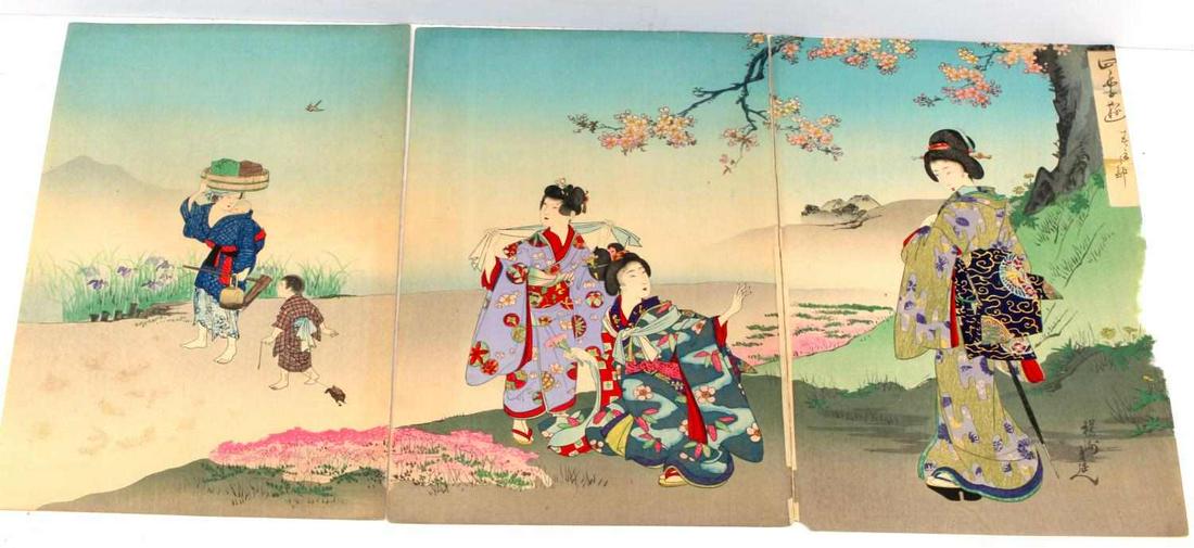 UKIYO-E 19TH CENTURY JAPANESE WOODBLOCK TRIPTYCH: Ukiyo-e Japanese Meiji period, 19th century, triptych wood block print art on heavy paper. In good condition measuring 91/4 by 14 inches each.