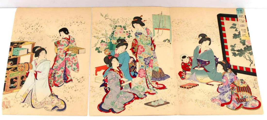 UKIYO-E 19TH CENTURY JAPANESE WOODBLOCK TRIPTYCH: Ukiyo-e Japanese Meiji period, 19th century, triptych wood block print art on heavy paper. In good condition measuring 91/4 by 14 inches each.
