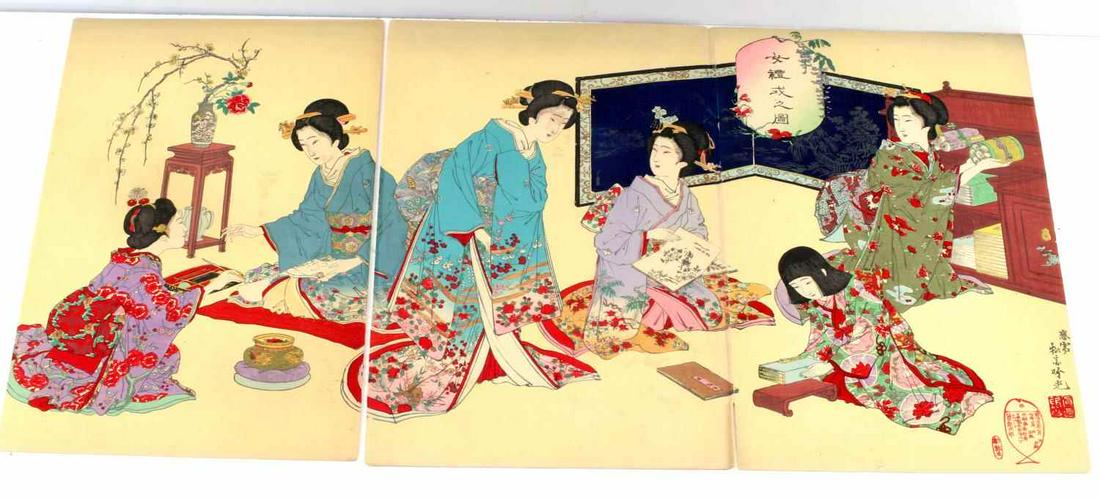 UKIYO-E 19TH CENTURY JAPANESE WOODBLOCK TRIPTYCH: Ukiyo-e Japanese Meiji period, 19th century, triptych wood block print art on heavy paper. In good condition measuring 91/4 by 14 inches each.