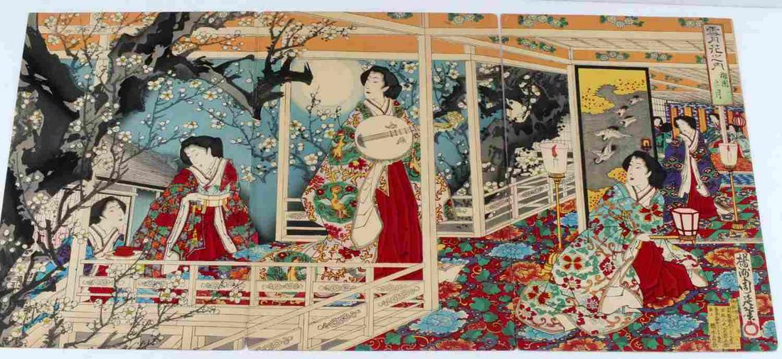 UKIYO-E 19TH CENTURY JAPANESE WOODBLOCK TRIPTYCH: Ukiyo-e Japanese Meiji period, 19th century, triptych wood block print art on heavy paper. In good condition measuring 91/4 by 14 inches each.