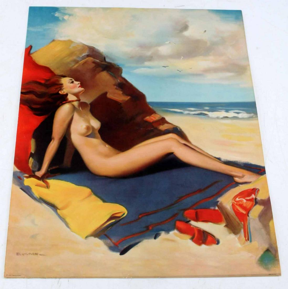 GIL ELVGREN NUDE BEACH PIN UP PRINT 16X12: Gil Elvgren Nude Beach Pin Up Print 16x12. Features Elvgren's signature in the bottom left corner. Slight crease in the middle of the print. Overall, very good condition.