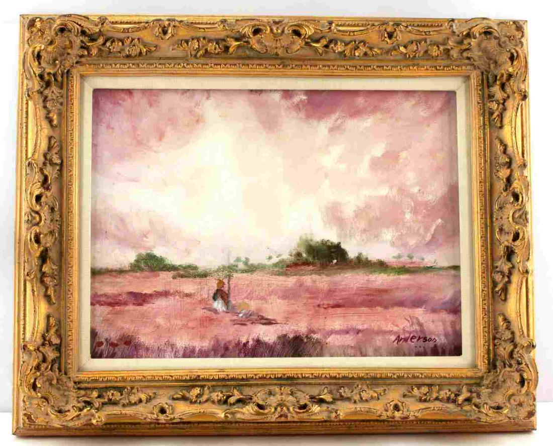 FLORIDA MARSH LANDSCAPE PAINTING BY ANDERSON: Signed original oil on canvas painting by Anderson, title "Big Bend Marshes". Beautifully framed in carved gilt wood frame 21x18 inches.