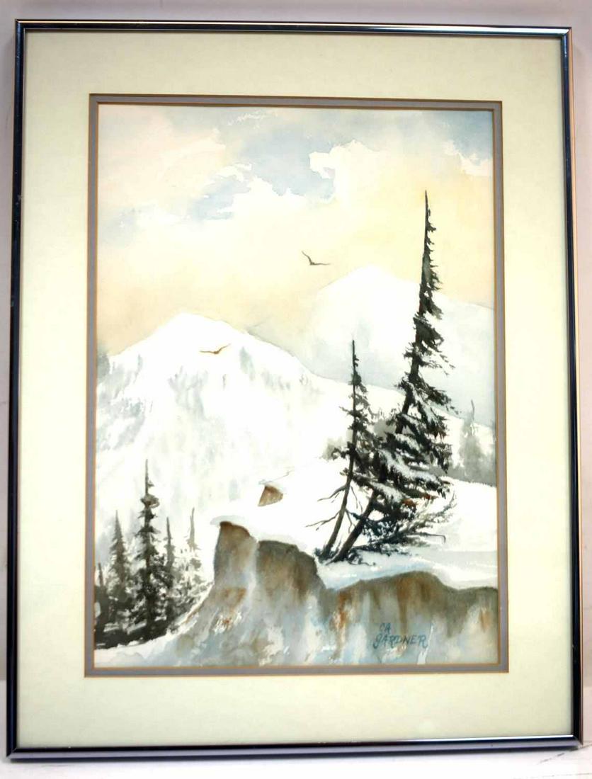 WINTER WILDERNESS WATERCOLOR LANDSCAPE PAINTING: Original watercolor signed CA Gardner, framed ,14x18 inches. In excellent condition.