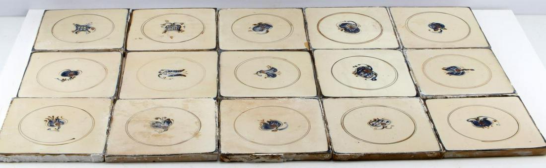 15 DELFT POLYCHROME TILE LOT 6 BY 6 INCHES: Raised ridge reverse should date these tiles circa 1920, each has different stylized design.