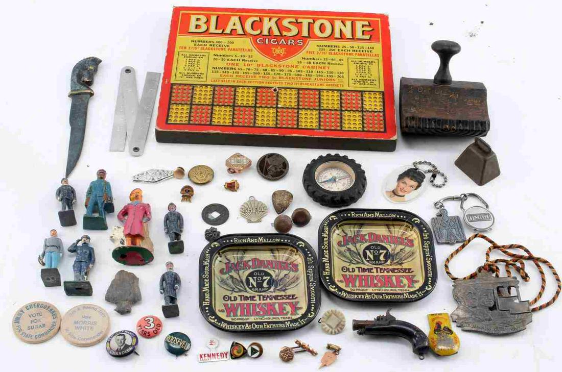 LARGE PRESIDENTIAL PIN AND GENERAL ANTIQUE LOT: Large Presidential Pin and General Antique Lot. Lot includes pins from Roosevelt, Kennedy, Nixon, The American Legion, The treasury department and Shell. One arrowhead flake is included as well as two