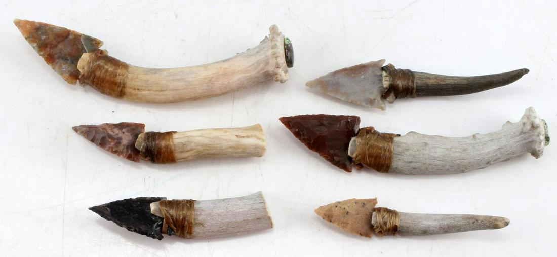 BONE AND ANTLER HANDLED KNAPPED FLINT KNIFE LOT 5: Lot of 5 Native American themed stag handled flint knives. Feature bone and antler handle construction with knapped agate and flint blades fixed with sinew. 2 feature stone embellishments on pommel. R