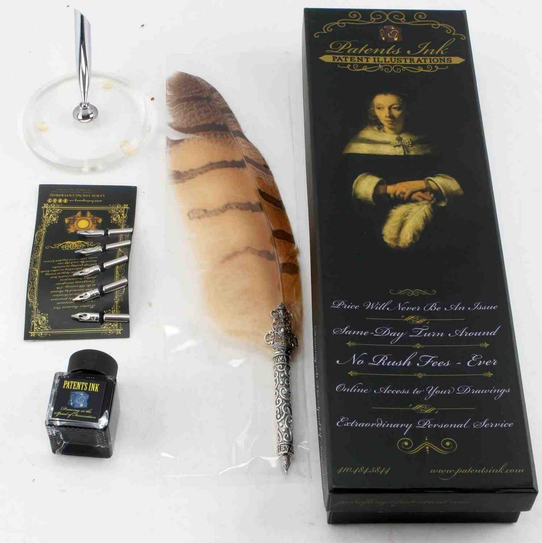 PATENTS INK CALLIGRAPHY WRITING SET IN BOX: Includes: feather quill, 5 extra nibs, pen holder and ink. Patents Ink maker. Appears new in box.
