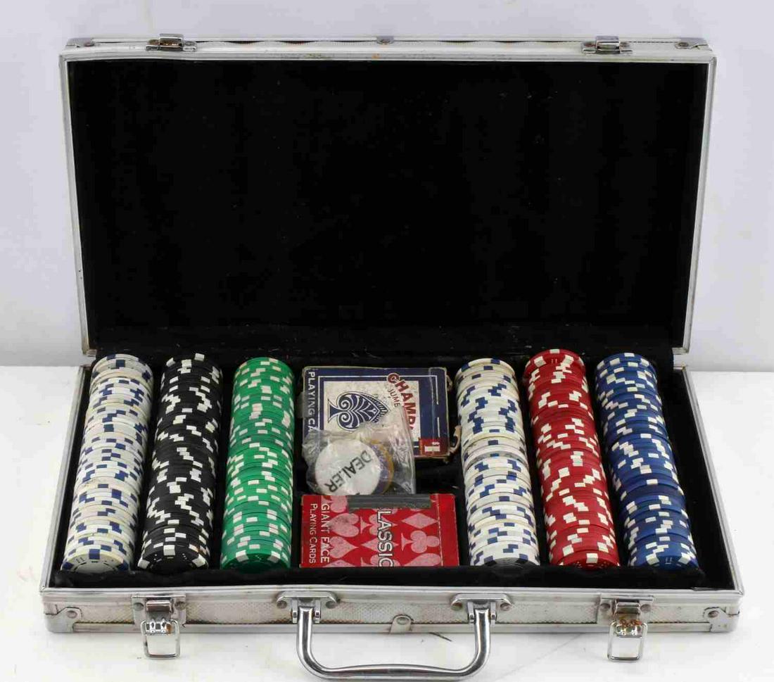 GAMBLERS POKER NIGHT CHIP AND CARD BOX SET: Pre owned box set with use wear and rust to latches of metal box.