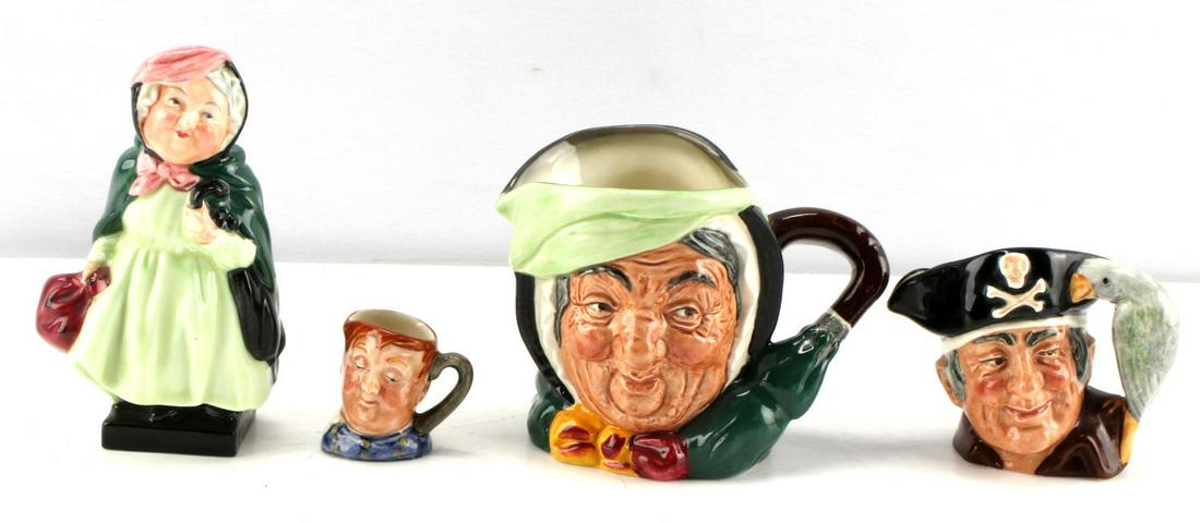 VARIOUS BRITISH ROYAL DOULTON TOBY MUGS LOT OF 4: Lot of 4 vibrantly painted British Royal Doulton Toby Mugs. Includes a 4 inch standing Sairey Gamp clutching an umbrella and purse, a 3 inch Sairey Gamp face mug stamped "055258" on the bottom, a 2.5 