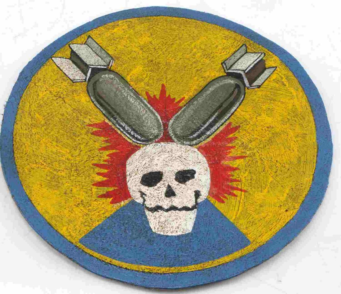 WWII HAND PAINTED LEATHER BOMBER JACKET PATCH: WWII hand painted leather bomber jacket patch. Measures 5.50 inches in diameter. Shows signs of age, but overall good condition. Unauthenticated; sold as is.