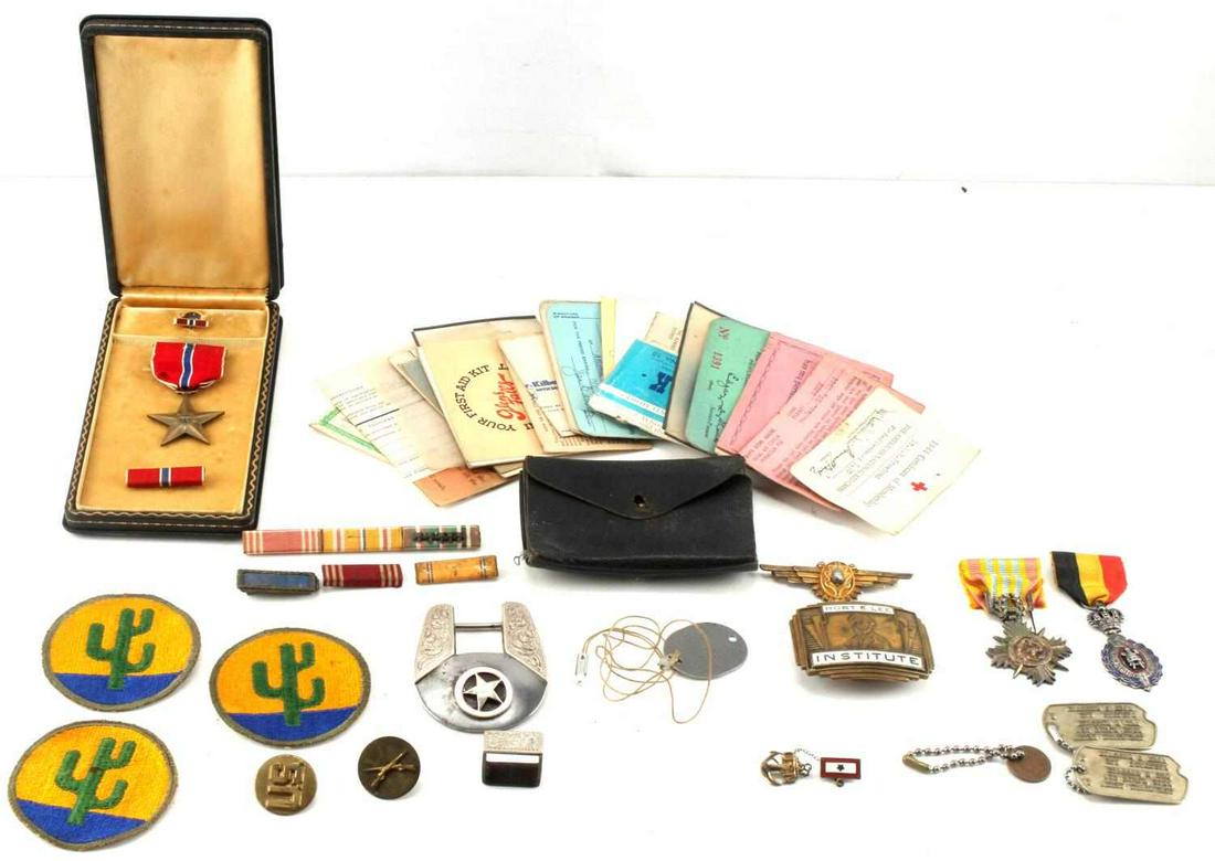 MIXED MILITARY PIN LOT NAVY BELGIAN RANK BUCKLES: Vietnam, WWII era lot of medals, patches, rank bars, and medals. Belgian labor award, Vietnam medal, bronze star medal in case, US Navy sterling wings, US brass pins, dog tags, Robert E. Lee buckle, o