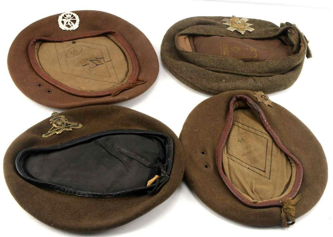 4 BRITISH SCOTTISH MILITARY BERETS W ROYAL ARMY: 4 berets (1950's to 1970's) include: British Small Arms School Corps, Scottish Glengarry with 42nd Royal Regiment of Foot badge, British Royal Army Service Corps, and British Royal Regiment of Artille