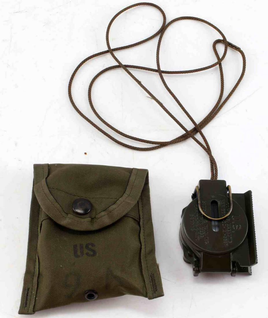 US MILITARY LC1 FIRST AID MAGNETIC COMPASS & POUCH: Army Green US Military LC1 First Aid Compass. Encased in an army green pouch stamped "US" on the front. Post Vietnam era working lensatic, magnetic compass and range finder. Case is produced by Nordac