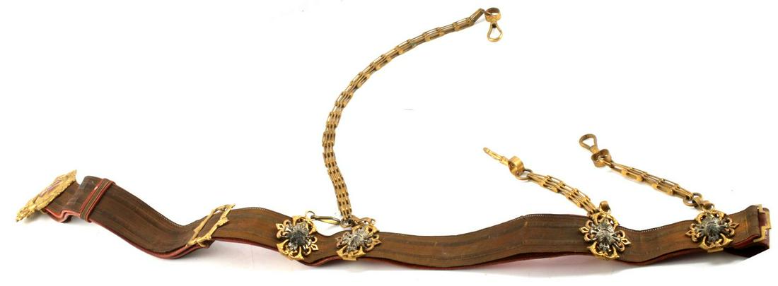 ANTIQUE MASONIC ORDER KNIGHTS TEMPLAR SWORD BELT: Masonic "Malta" Order Knights Templar Leather Sword Belt and Metal Hangars. Buckle is stamped "KNIGHTS TEMPLAR" with red Malta Cross and "IN HOC SIGNO VINCES" below it. Belt itself is stamped "The Cin