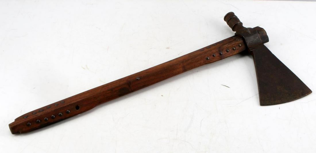 NATIVE AMERICAN FUR TRADE INDIAN PIPE TOMAHAWK: Native American style pipe tomahawk. Tomahawk is 19 inches in length, axe head is 8.75 inches long, and 4 inches at widest. Pipe bowl opening is .75 inches in diameter and 1 inch deep. Good condition.