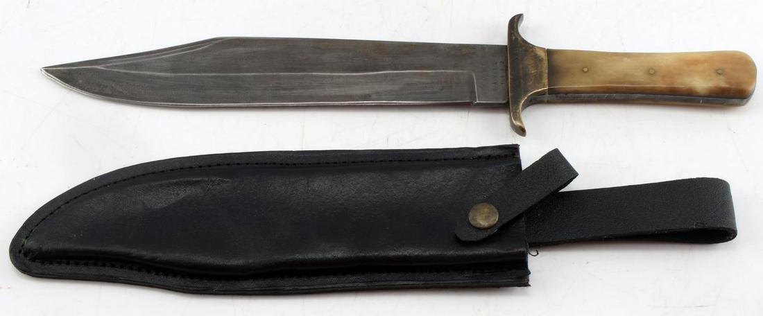 ANTIQUE BOWIE KNIFE EC JENKINS BOYLE & GAMBLE 1862: Large bowie knife with horn/bone grips, 10 inch steel blade, 3 brass rivets and guard. C. S. Richmond Virginia marked to one side ricasso, E. C. Jenkins marked to guard, Boyle & Gamble 1862 marked to 