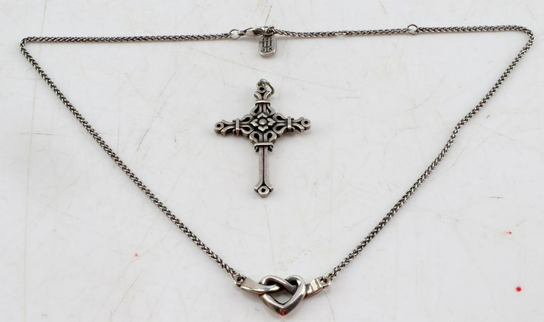 JAMES AVERY STERLING SILVER CROSS AND NECKLACE: James Avery 925 hallmarked pieces, cross measures 2 inches, Heart Knot necklace measures 17 inches.