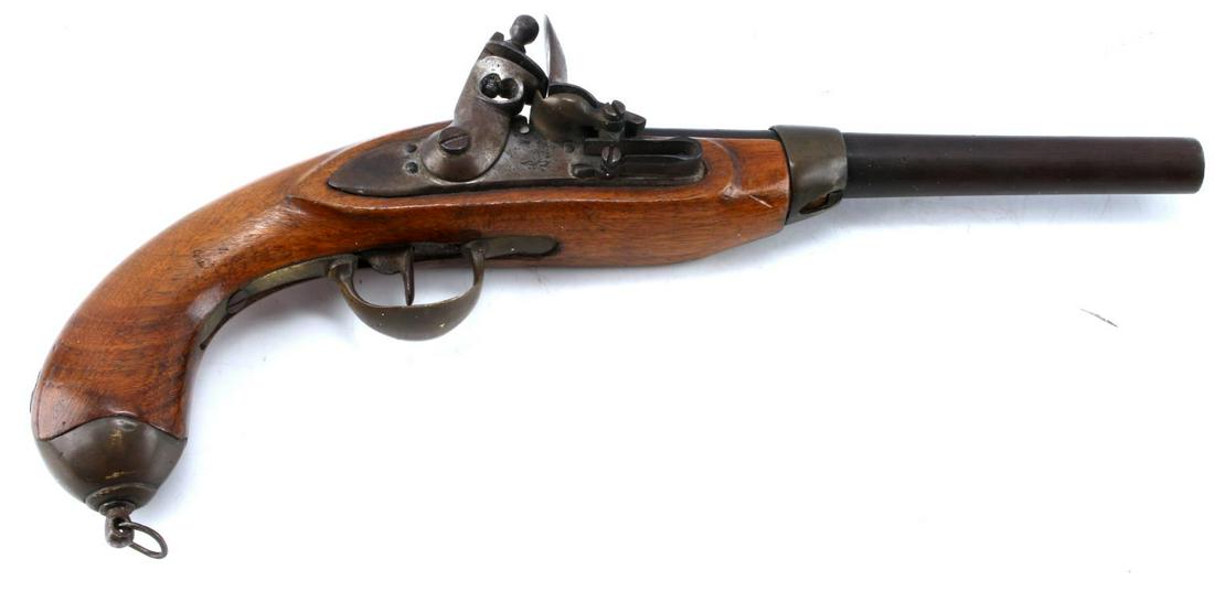 ANTIQUE .68 CALIBER FLINT LOCK PISTOL: Antique flint lock pistol. Features steel, brass, and wood construction, with 9.25 inch barrel. Bore measures 17.34 mm, 68 cal, trigger and flint lock mechanism in working condition. What appears to b