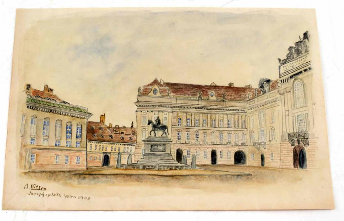 ADOLPH HITLER 1908 ORIGINAL WATERCOLOR PAINTING: Watercolor with pencil Title "Josephplatz Vienna Wein 1908", signed A. Hitler (Adolph Hitler) measures 7 x 10.5 inches. In good condition with some minor foxing along border.
