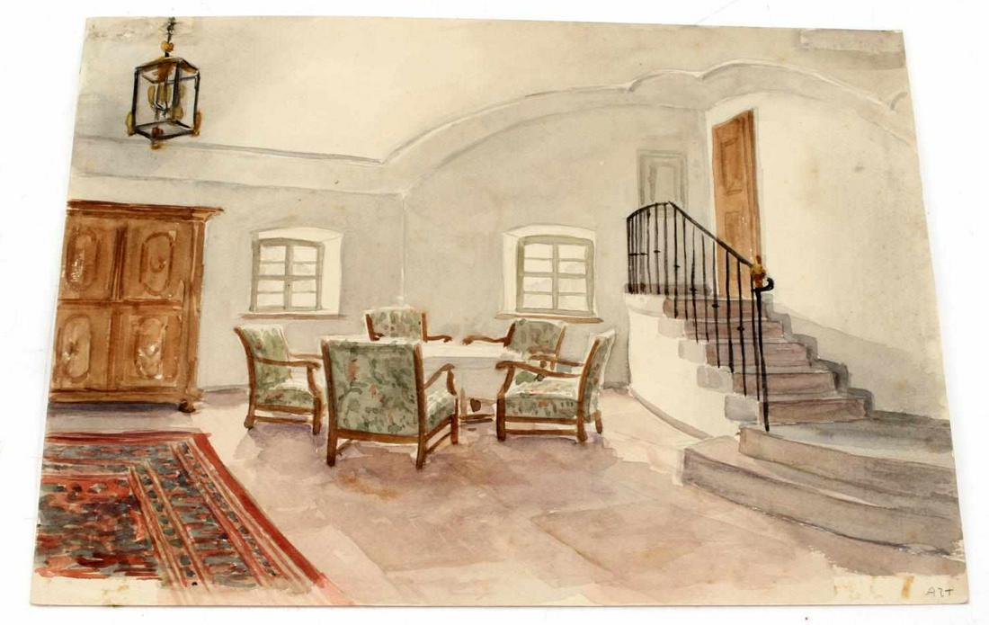ADOLPH HITLER SIGNED WATERCOLOR PAINTING: Late Period watercolor painting of informal dining room, signed AH for Adolph Hitler. It is annotated on reverse and consignor indicates on label that it had been ph buffered and encapsulated. One bor