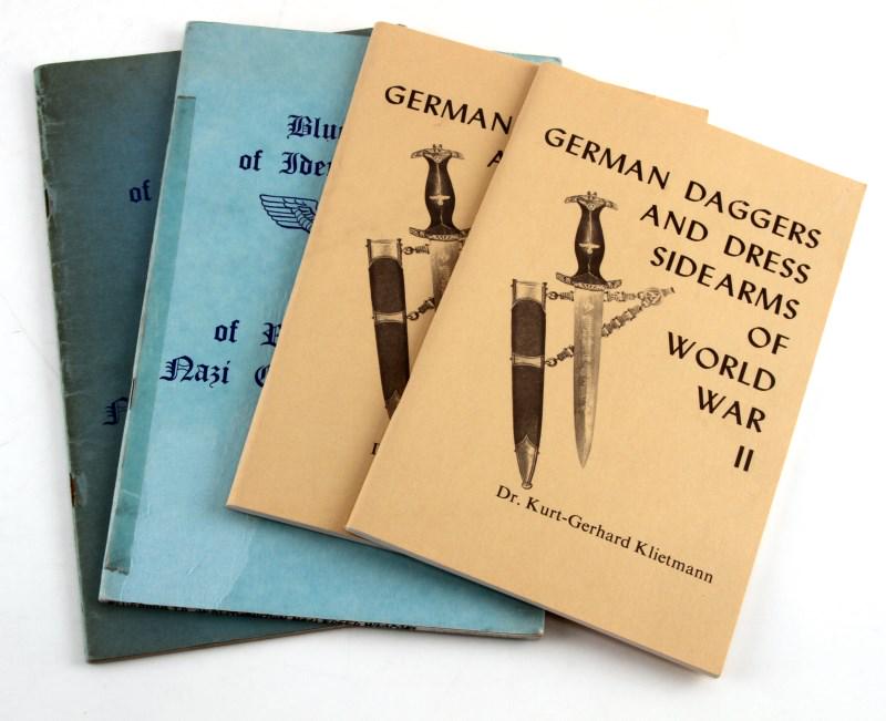 WWII GERMAN DAGGER WEAPON IDENTIFICATION BOOKS: Lot of 4 thin paperback books: 2 copies of German Daggers and Dress Side Arms of World War II by Dr. Kurt-Gerhard Klietmann and 2 copies of Bluebook of Identification of Reproduction Nazi Edged Weapon