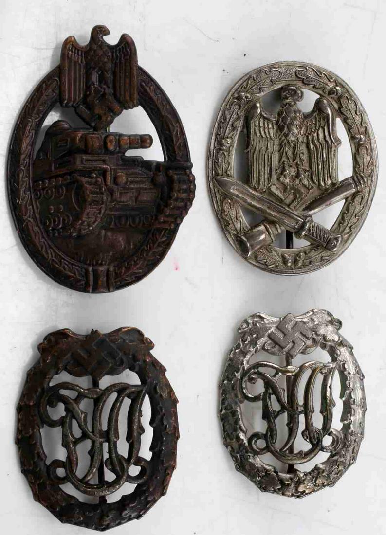 WWII GERMAN THIRD REICH WEHRMACHT BADGES LOT OF 4: Lot of 4 Wehrmacht German Army badges. 2 German Sports for Wounded and Disabled veterans badges, "DLR" monogram in center. Stamped "DRGM 35269 WERNSTEIN JENA" on reverse. 1 Panzer Assault Badge, unmar