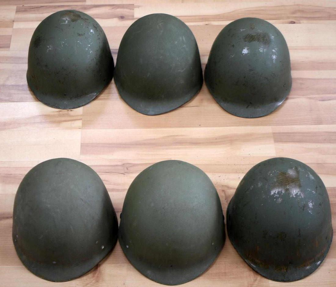 AIRBORNE VIETNAM PARATROOPER LOT OF 6 HELMET LINER: Six Vietnam M1 Paratrooper Helmet Liners. Stamped '31MAY67' on the inner cloth straps. Entirety measures approximately 10.5 inches from front to back. Oxidation, corrosion, and heavy surface wear are 