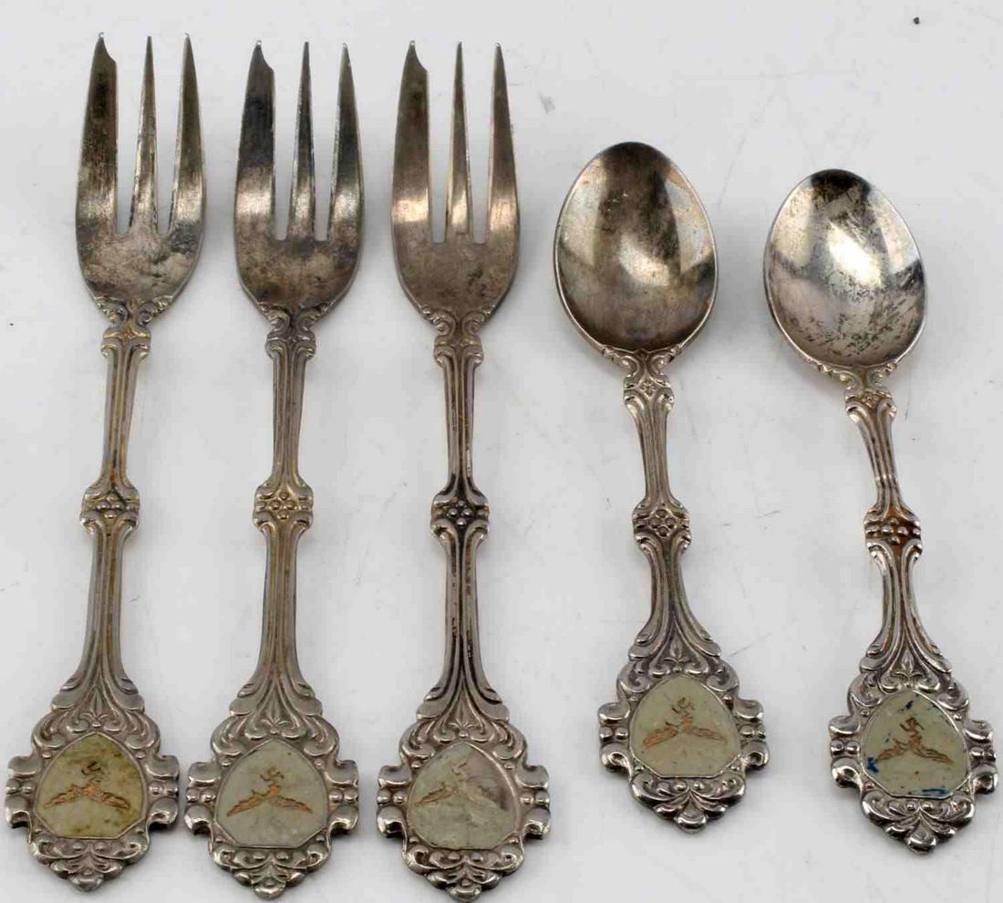 WWII GERMAN HITLER BERLIN BUNKER SILVERWARE LOT: WWII German Adolf Hitler Silverware Lot from Berlin Bunker. Lot includes three cake forks and two tea spoons. Obtained by GIs from the Fuhrerbunker in Berlin. The forks measure 6 inches long, the spoo