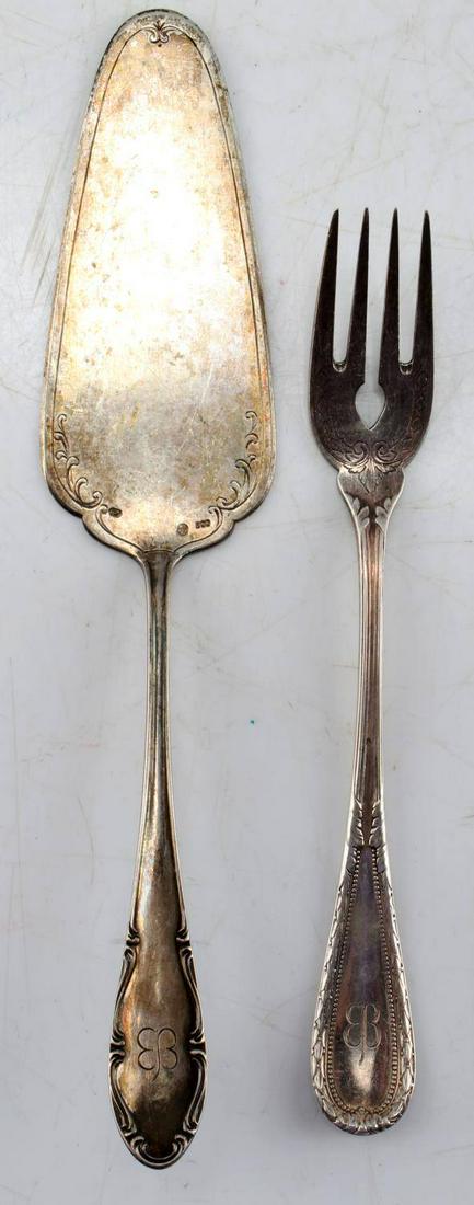 WWII GERMAN THIRD REICH EVA BRAUN FORK & PIE SERVE: The fork is hallmarked .800 silver pie server is unmarked. Atypical butterfly "EB" monogram on each.