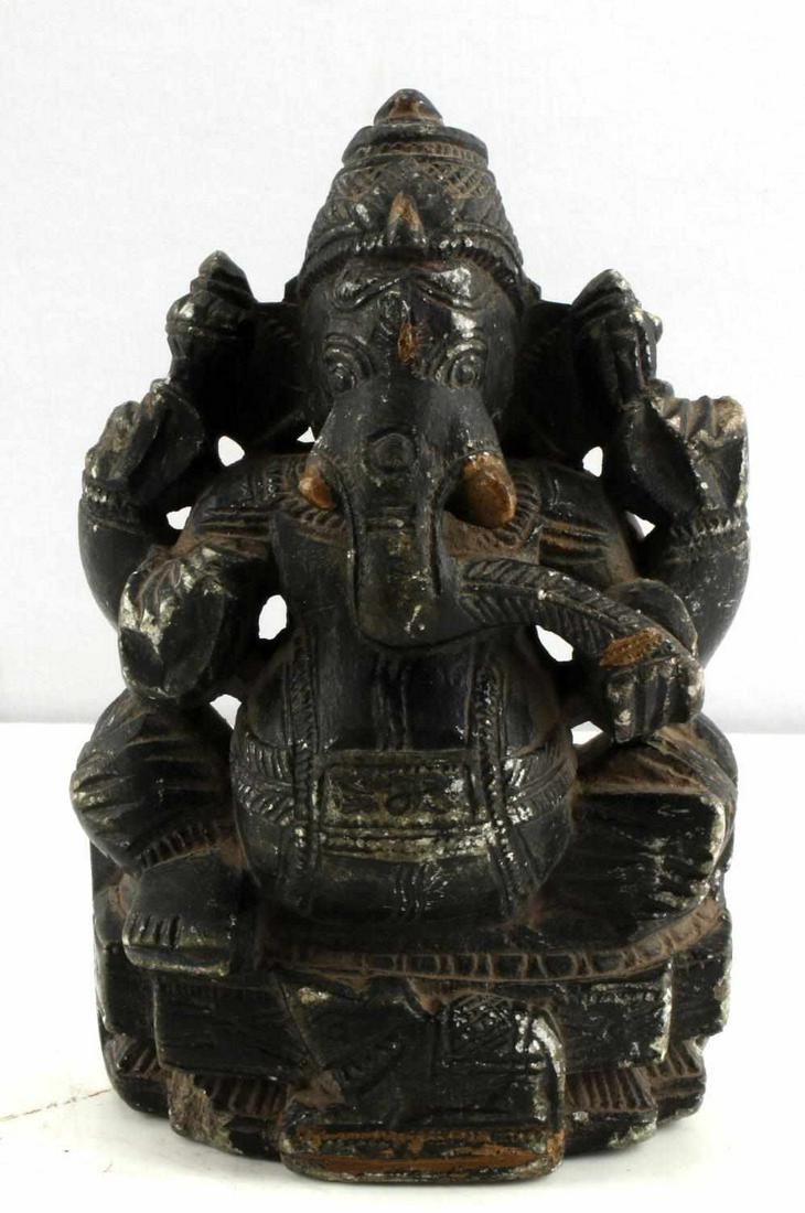 LORD GANESHA PAINTED GRANITE STONE SCULPTURE: Granite or like stone, painted black with gold accents. Little paint loss, but good condition. Stands 5.5 inches and 3.5 inches at widest.
