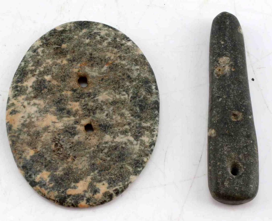 LOT OF 2 GRANITE WOODLAND STONE GORGET PENDANTS: One gorget measures 3.25 inches long with 2 holes at center, and one stone pendant with hole at top, 3 3/8 inches long. Granite type stone. Good condition.