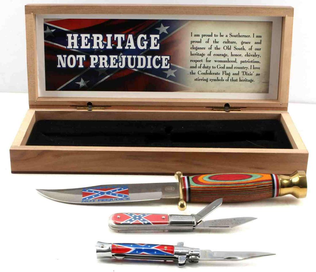 CONFEDERATE FLAG BARLOW CHIPAWAY KNIFE LOT CASED: Three knives, one is cased. Cased one has a 6.5 inch fixed blade, brass fittings, and multi-colored wood grip, marked Chipaway Cutlery to ricasso. One 2-blade pocket knife by Barlow and one switchblad