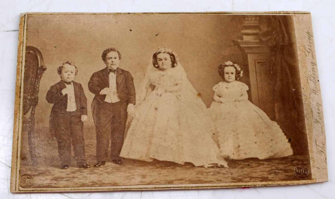 GENERAL TOM THUMB WEDDING PARTY PHOTO CDV: Photo from the wedding ceremony of General Tom Thumb and Lavina Warren. Reverse features "Compliments of Charles S. Stratton, Compliments of Lavina Warren Stratton G.W.M. Nutt, Minnie Warren." Good co