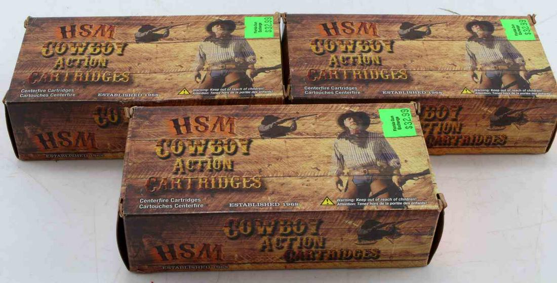 150 CENTERFIRE 200 GRAIN 44 S&W SPECIAL CARTRIDGES: 150 (3 Boxes of 50) HSM Cowboy Action Centerfire Cartridges. 44 Special 200 Grain Round Nose flat point lead. Has previous purchase tag from "Florida Gun Exchange". Box and cartridges are in very good