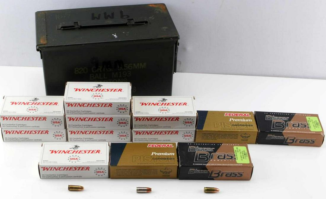 LOT OF 600 ROUNDS OF 9MM LUGER AMMO IN AMMO BOX: Lot of 600 rounds of 9mm luger ammunition in green military style ammo box. Comes in packs of 50 cartridges each.