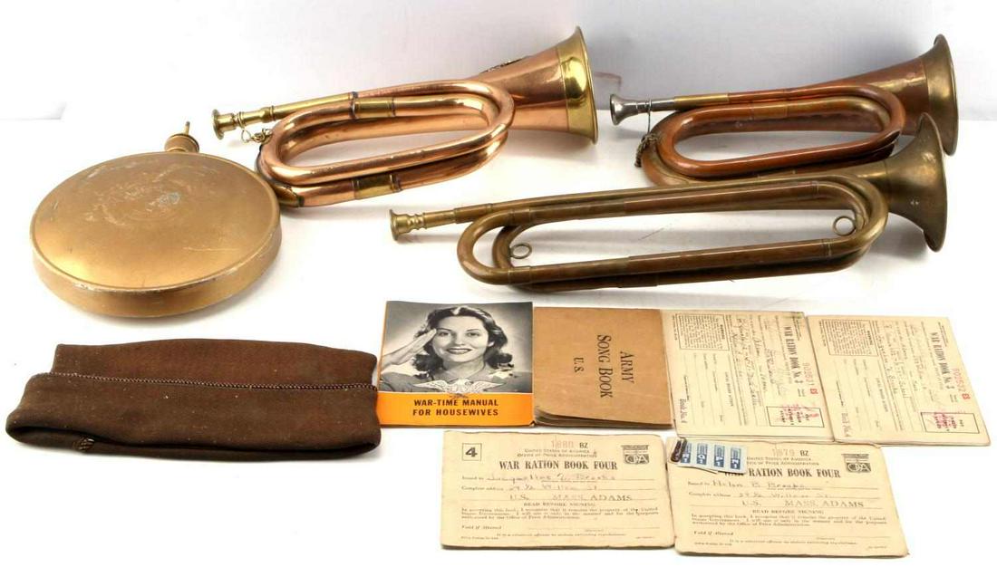 US MILITARY TRUMPET LOT EXTRAS RATION CAP CANTEEN: Assorted lot includes: 3 brass trumpets (US Regulation, India, Argyll & Sutherland), Palco canteen, 4 War Ration books, Army song book, War-time Manual for Housewives, and a brown garrison cap. All tr