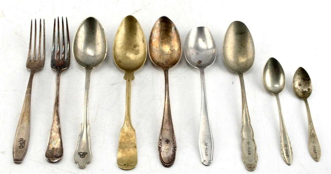 LOT OF 9 WWII GERMAN THIRD REICH UTENSILS: Lot of 9 WWII German Third Reich Utensils. Lot includes five spoons, two forks, and two teaspoons. All have Various markings indicating they are associated with the Third Reich or SS. All have varying