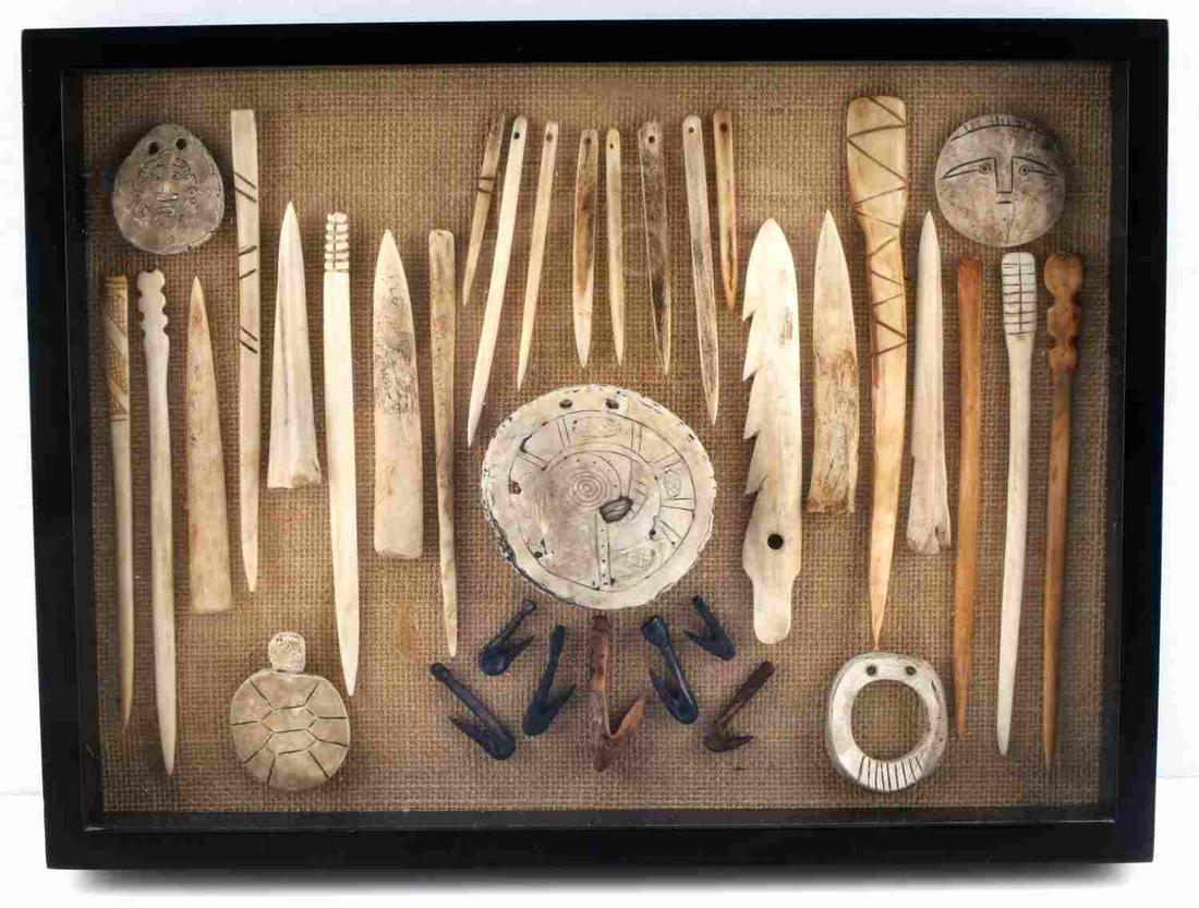 FLORIDA WHELK & BONE GORGET FISHOOK ARTIFACT LOT: Florida estate collection believed Florida collection but may be compilation, deemed authentic, bone and shell awl, gorget fishhook, hairpins and needles. woodland Mississippian all contained in 16 by