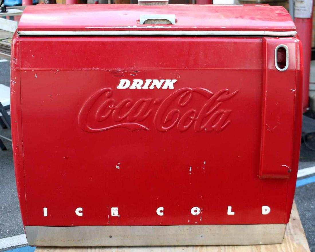 LARGE 115 VOLT VINTAGE COCA COLA COOLER AND MOTOR: Vintage Coca Cola Cooler With Original Motor. Measures 45 x 36 x 29 inches with the hinged door on top. Has 38 x 22 x 15 inches of cooler space, including original fan inside. Has also been repainted,