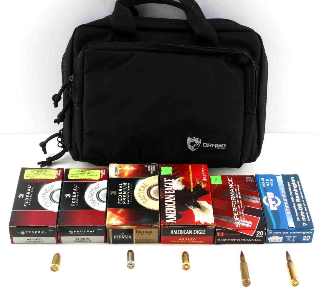 240 ROUNDS AMMO IN DRAGO SOFT HANDGUN CASE: Lot of 200 rounds of .45 automatic ammunition, & 40 rounds of 7MM-08 REM. Ammo comes in Drago black tactical handgun soft case.